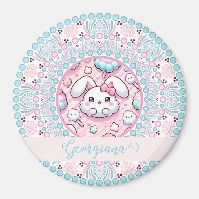 Personalized Cotton Candy Kawaii Bunny Dot Mandala Magnet (Front)
