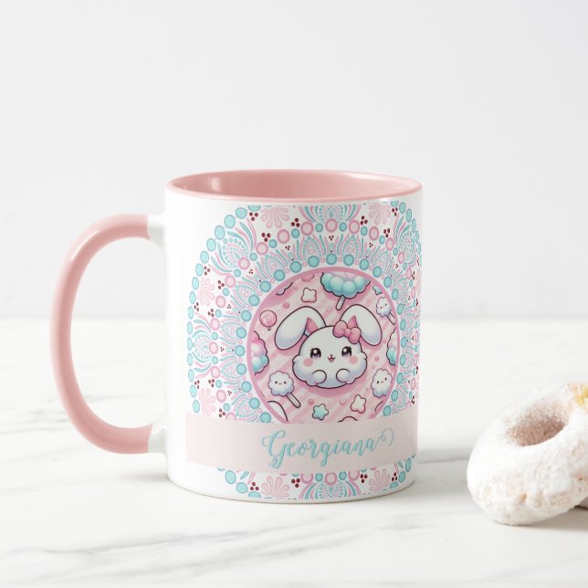 Personalized Cotton Candy Kawaii Bunny Dot Mandala Mug (With Donut)