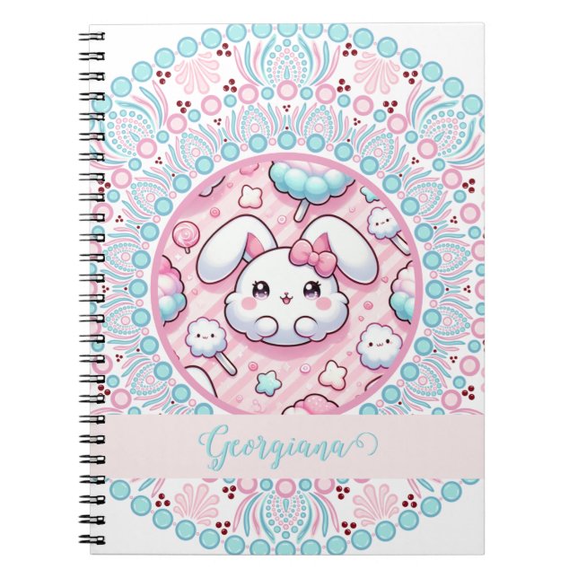 Personalized Cotton Candy Kawaii Bunny Dot Mandala Notebook (Front)