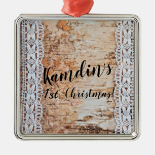 Personalized Country Barn Wood Lace Trim Edge Metal Ornament