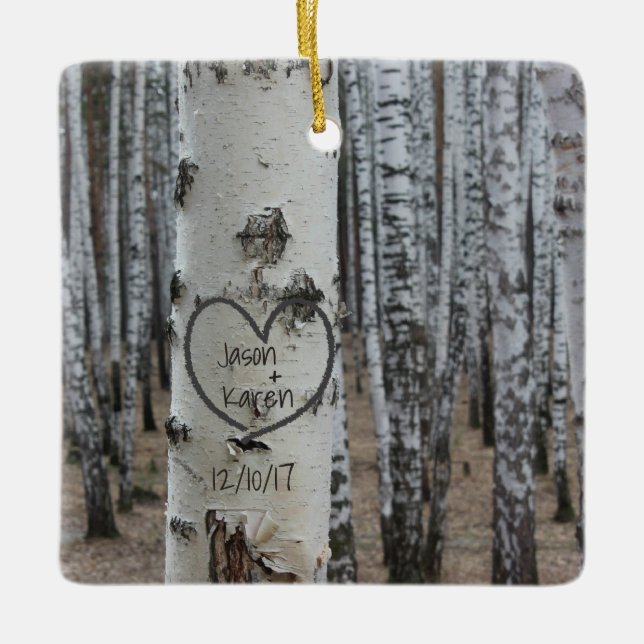 Personalized Country Rustic Carved Heart Ceramic Ornament (Front)
