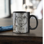 Personalized Country Rustic Carved Heart Mug<br><div class="desc">Personalized country rustic art carved heart design on the front features a printed birch bark tree with a carved heart that you can customize by adding your names and underneath it, you can add your wedding date or special date. This would make a unique wedding shower gift or anniversary gift....</div>