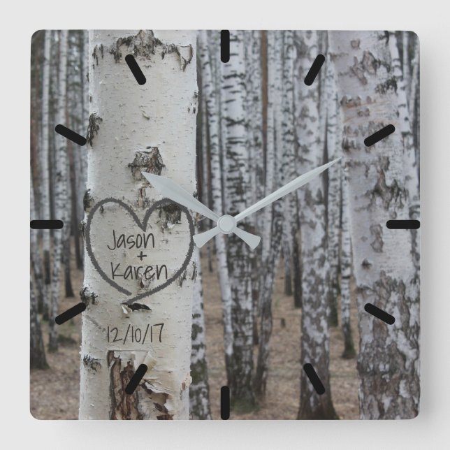 Personalized Country Rustic Carved Heart Square Wall Clock (Front)