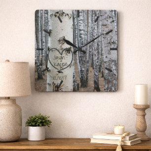 Personalized Country Rustic Carved Heart Square Wall Clock