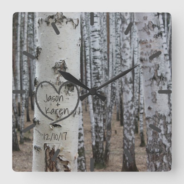 Personalized Country Rustic Carved Heart Square Wall Clock (Front)