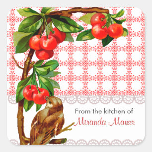 Personalized Country Vintage Bird and Cherries Square Sticker