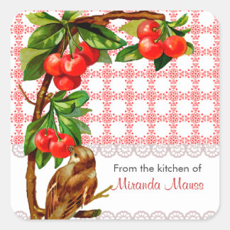 Personalized Country Vintage Bird and Cherries Square Sticker