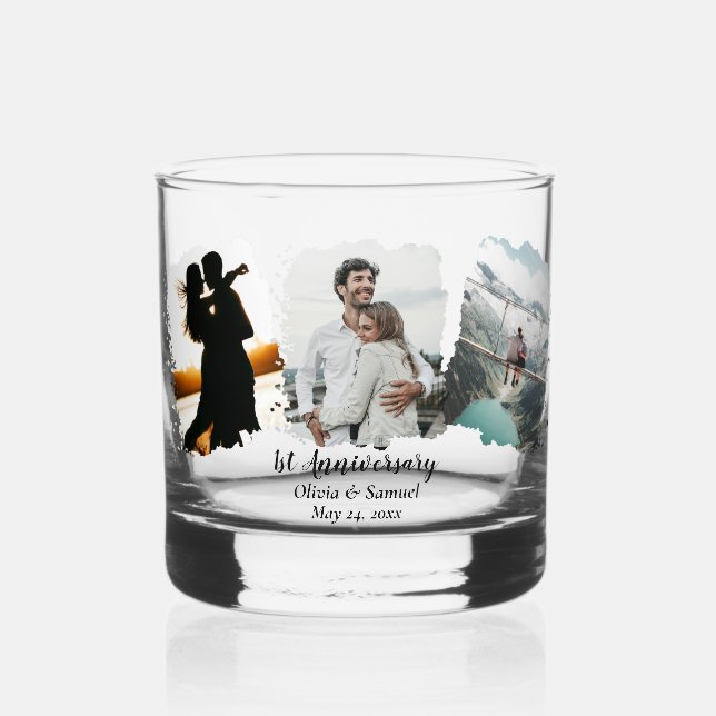 Personalized Couple Collage Photo 1st Anniversary  Whiskey Glass (Front)