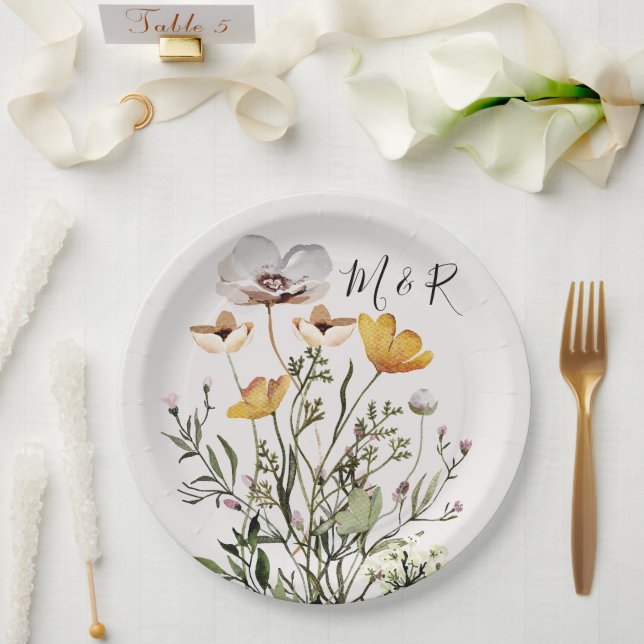 Personalized Couple Monogram Dried Wildflower  Paper Plate (Wedding)