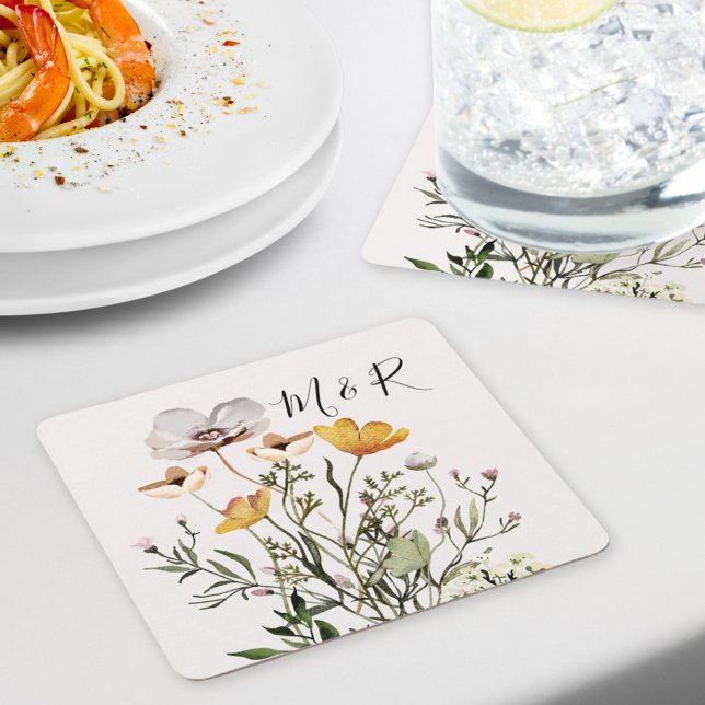 Personalized Couple Monogram Dried Wildflower  Square Paper Coaster (In situ dining table)