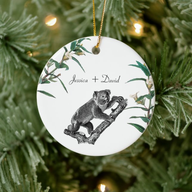 Personalized Couple Names Christmas Koala Ceramic Ornament (Tree)