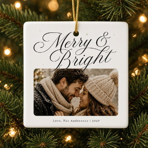 Personalized Couple Photo Christmas Merry & Bright Ceramic Ornament