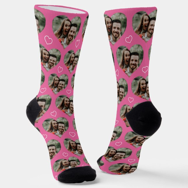 Personalized Couple Photo Heart Love Pink Socks (Angled)