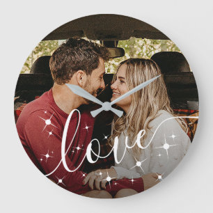 Personalized Couple Photo Love Script Sparkle Large Clock