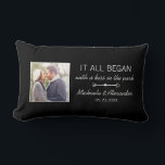 Personalized Couple Photo Newlywed Names Date Lumbar Pillow<br><div class="desc">Every couple has a unique story about where it all began. This black pillow with elegant white text can be customized to any couple,  with their names,  the date of their anniversary (first date,  wedding,  engagement,  etc),  as well as a picture of the happy couple. A truly unique keepsake!</div>
