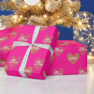 Personalized Couple Twice Golden Hearts, Deep Pink Wrapping Paper