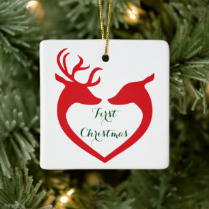Personalized Couple's 1st Christmas Heart Deer Ceramic Ornament