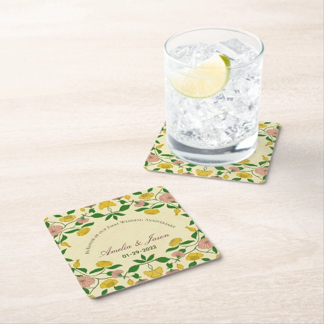 Personalized Couples 1st Wedding Anniversary   Square Paper Coaster (Insitu)
