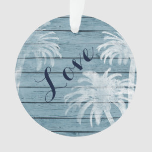 Personalized Couples Beach Palm Trees on Wood LOVE Ornament