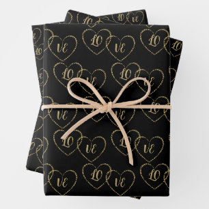 Personalized Couple's Gold and Black Heart Charms Wrapping Paper Sheet