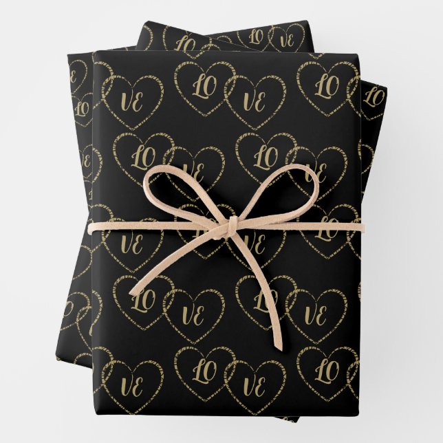 Personalized Couple's Gold and Black Heart Charms Wrapping Paper Sheet (In situ)