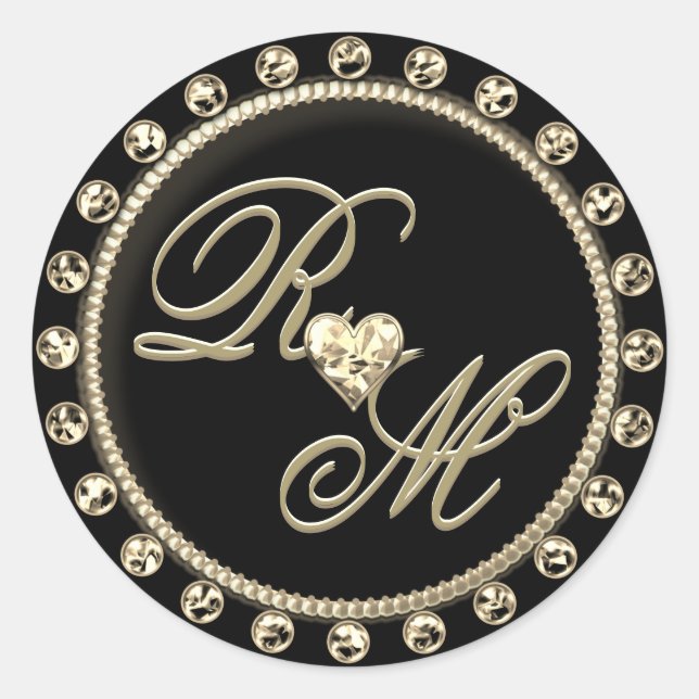 Personalized Couples Monogram Gold Black Classic Round Sticker (Front)