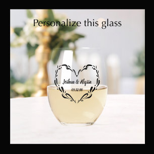 Personalized Couple's Names Elegant Heart Gift  Stemless Wine Glass
