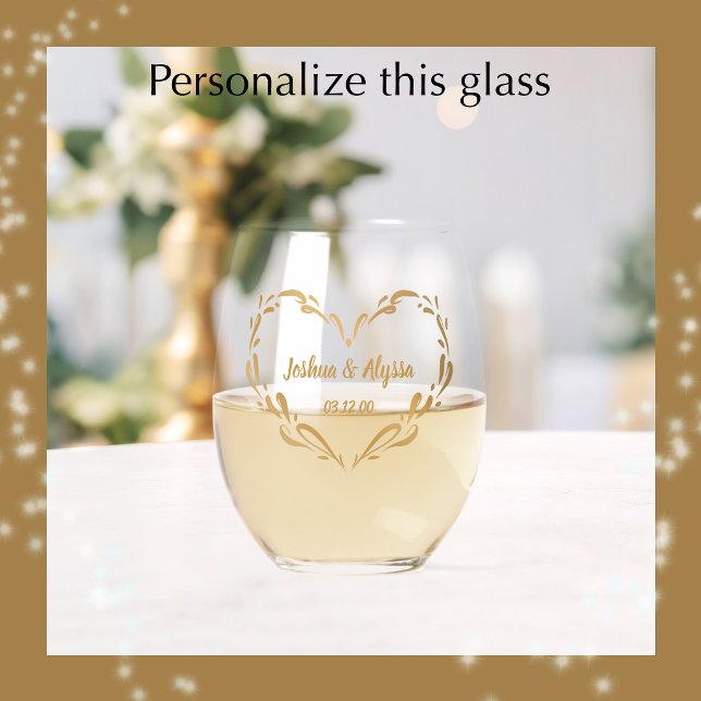 Personalized Couple's Names Elegant Keepsake Gift Stemless Wine Glass (Add names and date for a beautiful golden heart keepsake wedding or anniversary glass gift
)