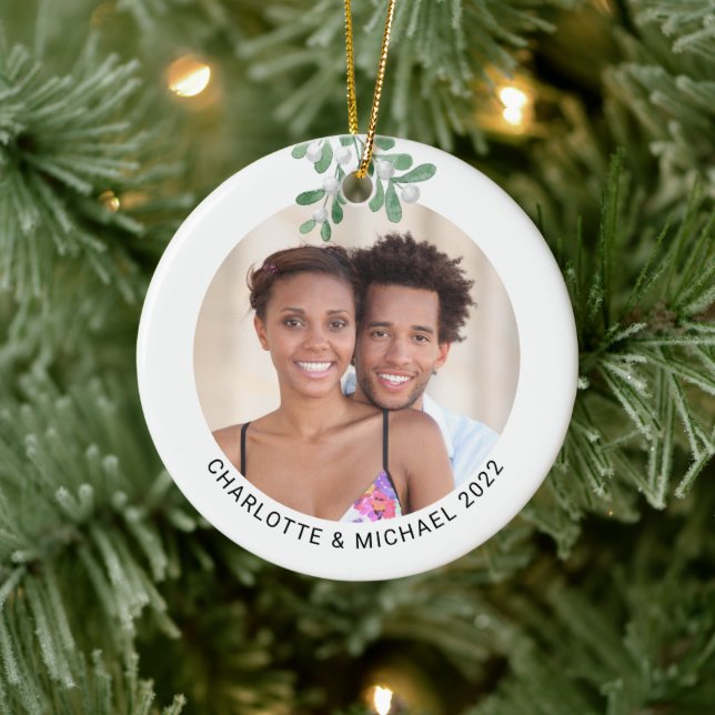 Personalized Couples Photo Mistletoe Ceramic Ornament (Tree)