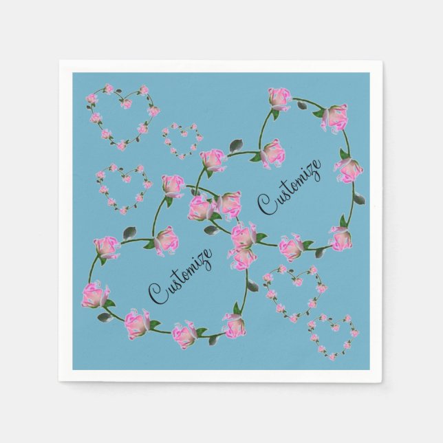 Personalized Couples Pink Rose Hearts Blue Napkins (Front)