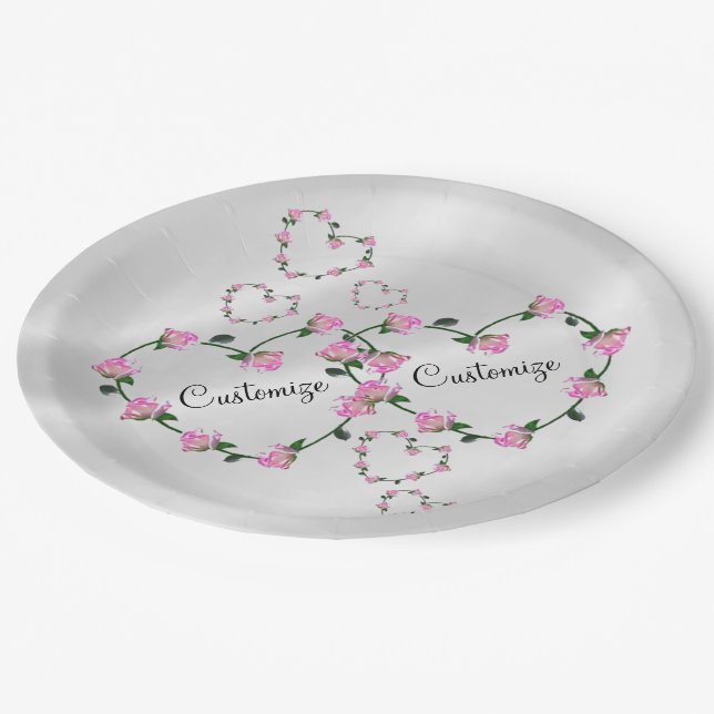 Personalized Couples Pink Rose Hearts Paper Plates (Angled)