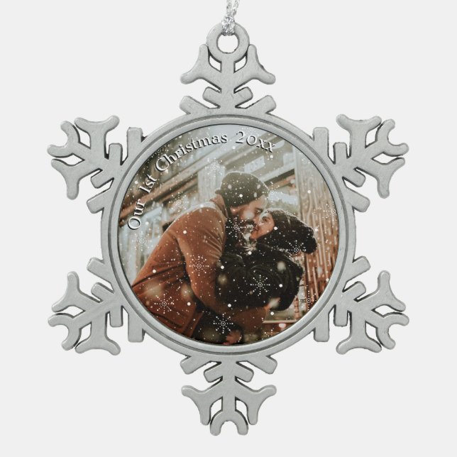Personalized Couples Snowflake Framed  Snowflake Pewter Christmas Ornament (Front)