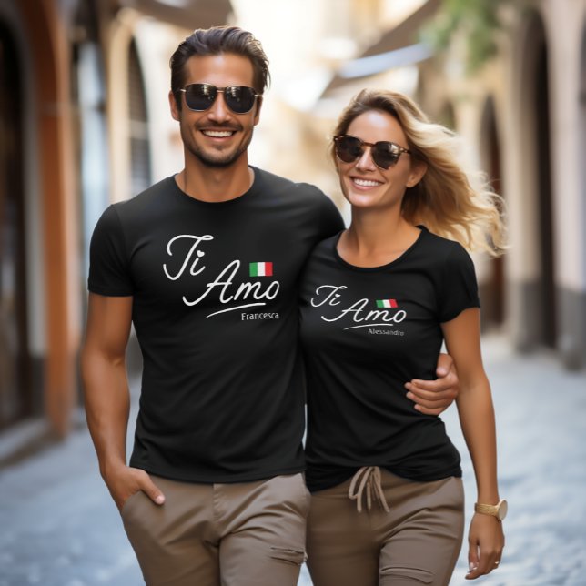 Personalized couple's Ti Amo Script  T-Shirt (Ti Amo (Italian for I Love You)
Couple's Black Tee)