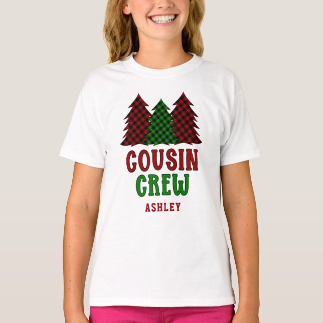 Personalized Cousin Crew Plaid Christmas Tree T-Shirt (Front)