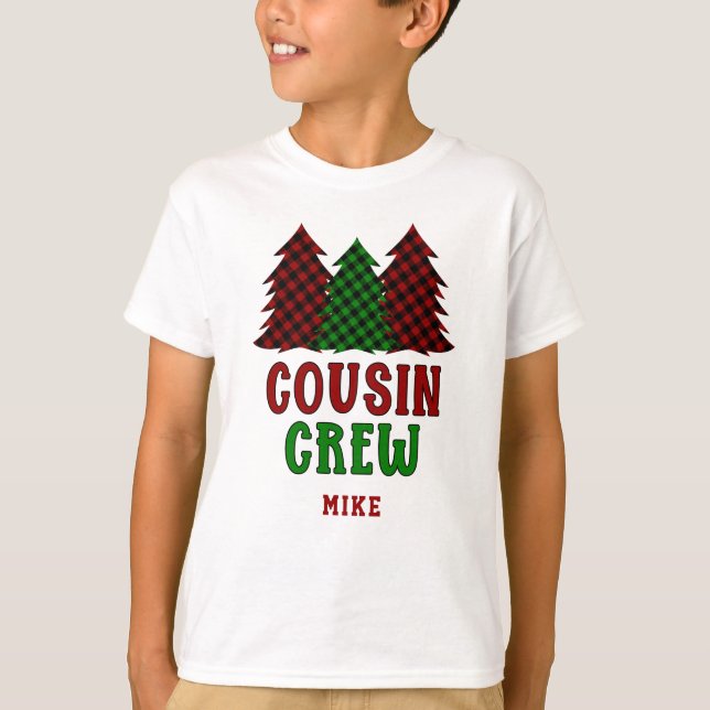 Personalized Cousin Crew Plaid Christmas Tree T-Shirt (Front)