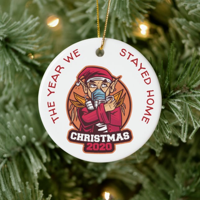 Personalized COVID 2020 Christmas We Stayed Home Ceramic Ornament (Tree)