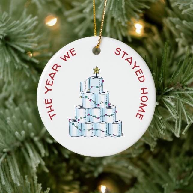 Personalized COVID 2020 Christmas We Stayed Home Ceramic Ornament (Tree)