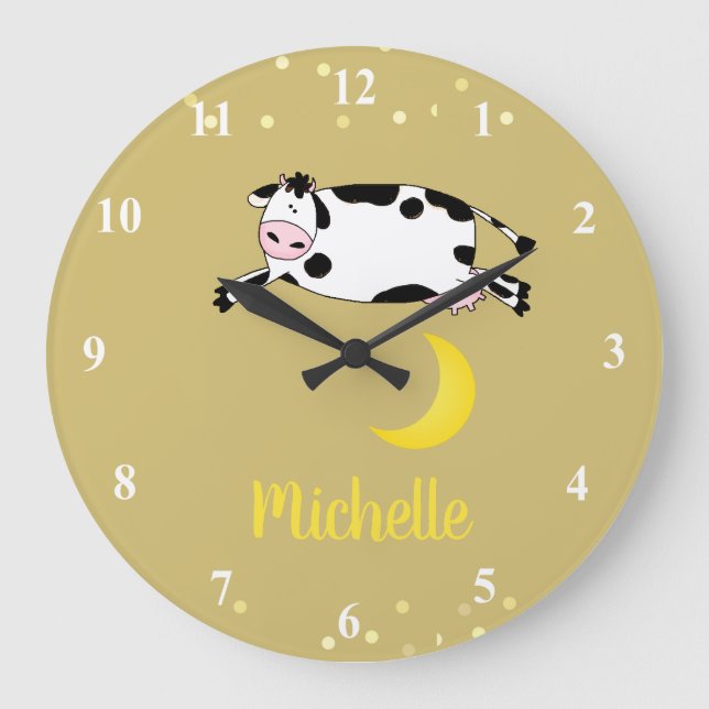 Personalized Cow Jumping Over The Moon Nursery Large Clock (Front)