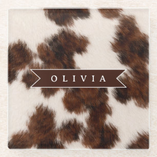 Personalized Cow Print Cowgirl Western Style Gift Glass Coaster