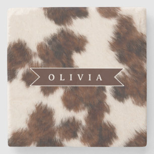 Personalized Cow Print Cowgirl Western Style Gift Stone Coaster