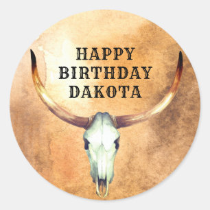 Personalized Cow Skull Steer Cowboy Birthday  Clas Classic Round Sticker