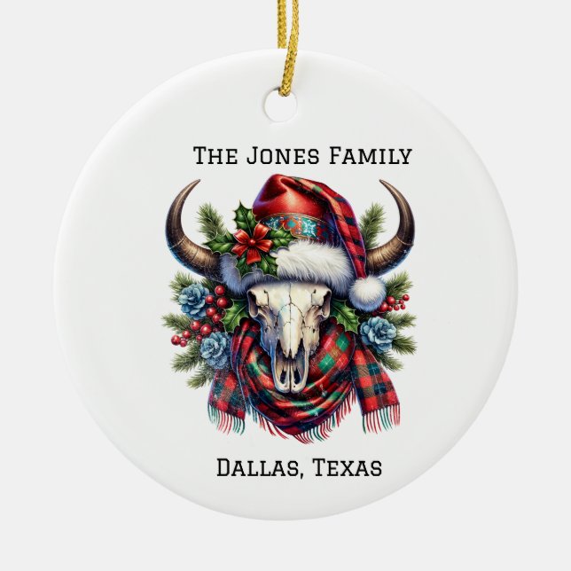 Personalized Cow Skull Western Christmas Ceramic Ornament (Front)
