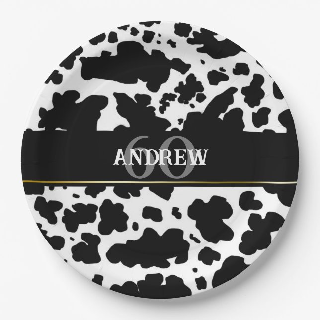 Personalized Cow Spots Print Farmer 60 Birthday Paper Plate (Front)