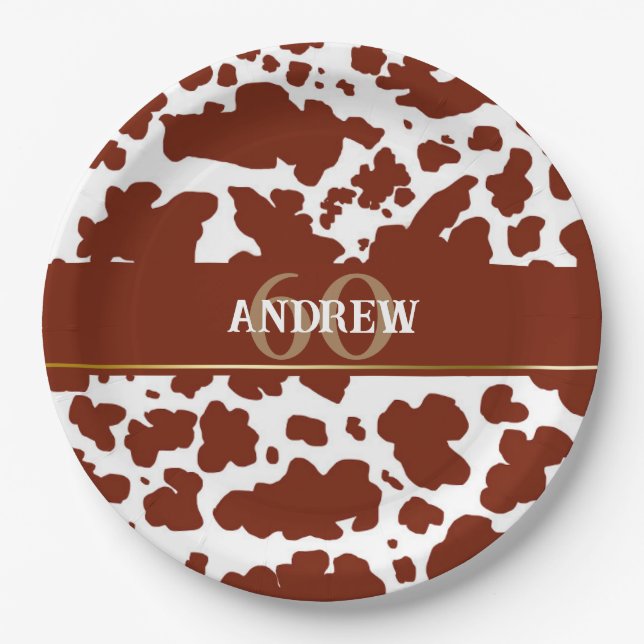 Personalized Cow Spots Print Farmer Birthday Paper Plate (Front)