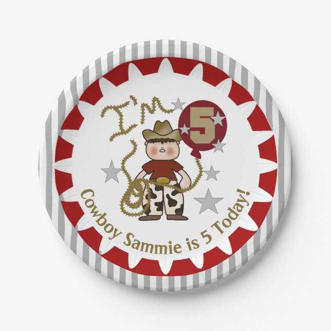 Personalized Cowboy 5th Birthday Paper Plates (Front)