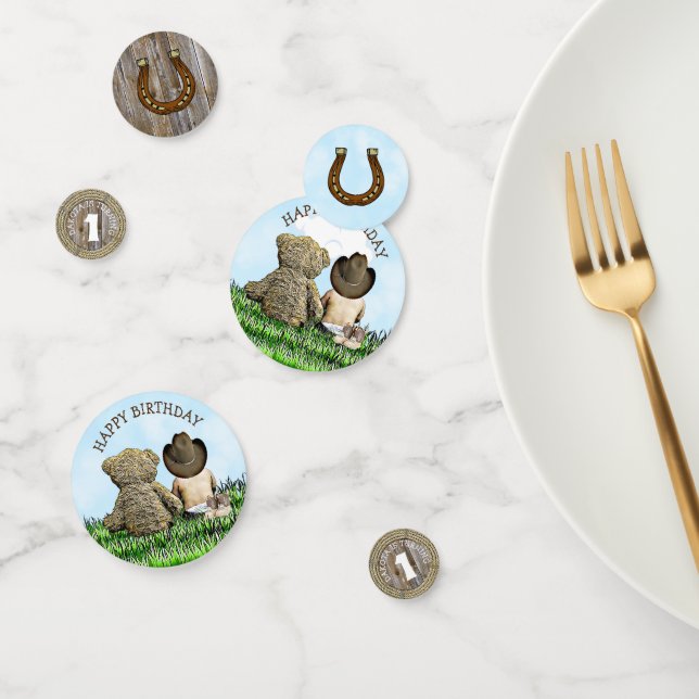 Personalized Cowboy and Teddy Bear First Birthday Confetti (Group)