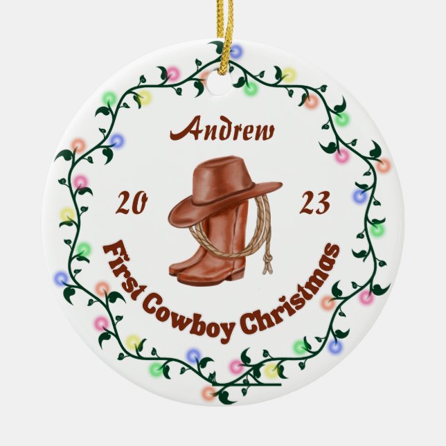 Personalized Cowboy Baby First Christmas Ceramic Ornament (Front)
