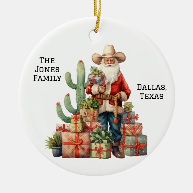 Personalized Cowboy Western Santa Christmas Ceramic Ornament (Front)