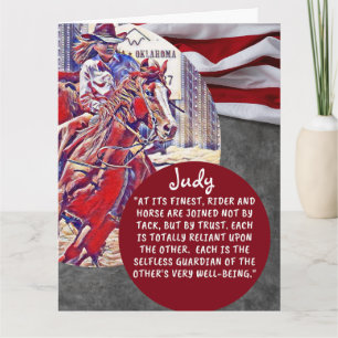 Personalized Cowgirl Barrel Racer Red White Blue Card