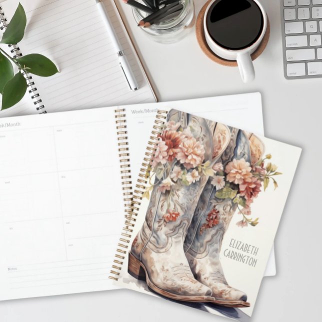 Personalized Cowgirl Boots Planner - Great Gift (Watercolor Blue Grey Cowgirl Boots and Wildflowers Personalized Planner)
